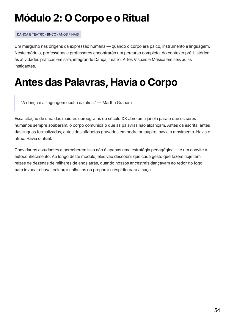 Página do guia Origens da Arte com abertura do módulo 2, O Corpo e o Ritual
